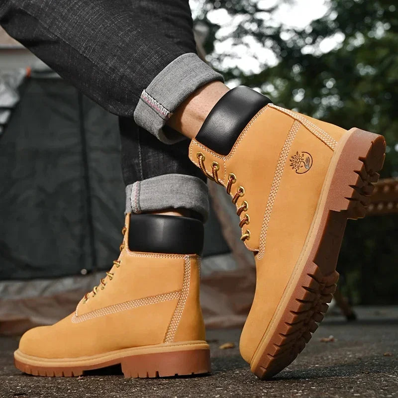 Men’s British Style Knee-High Outdoor Boots – Lace-Up PU Leather Non-Slip Platform Boots
